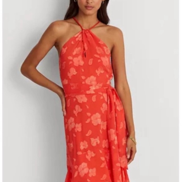Ralph Lauren Floral Jacquard Halter Neck Dress - Red/orange. Size 4. - Picture 1 of 5